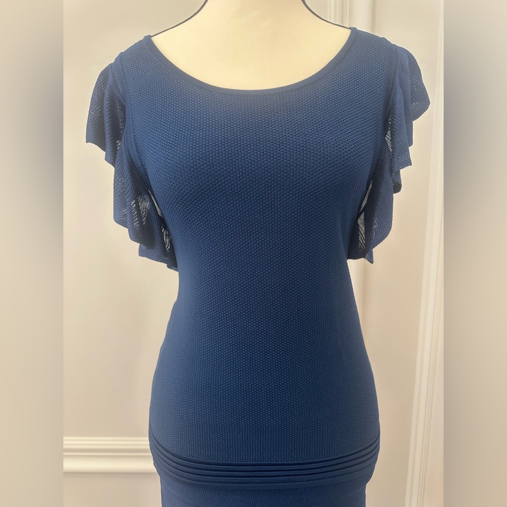 Sandro Midnight Blue Co-Ord Set- Ruffle Shirt Knee Length Fit Flare Skirt- Large - Picture 6 of 9